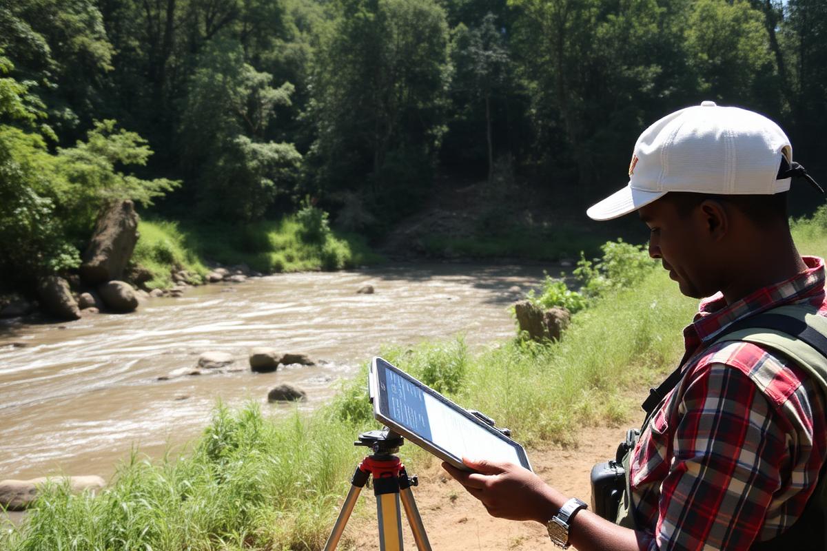 Technicien de Congo Expertise réalisant des relevés environnementaux en bord de rivière